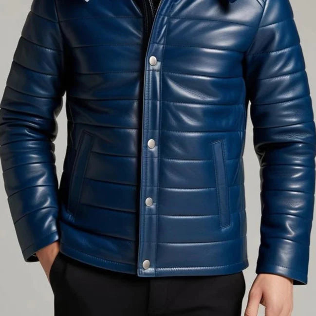 Blue Hooded Genuine Leather Puffer Jacket